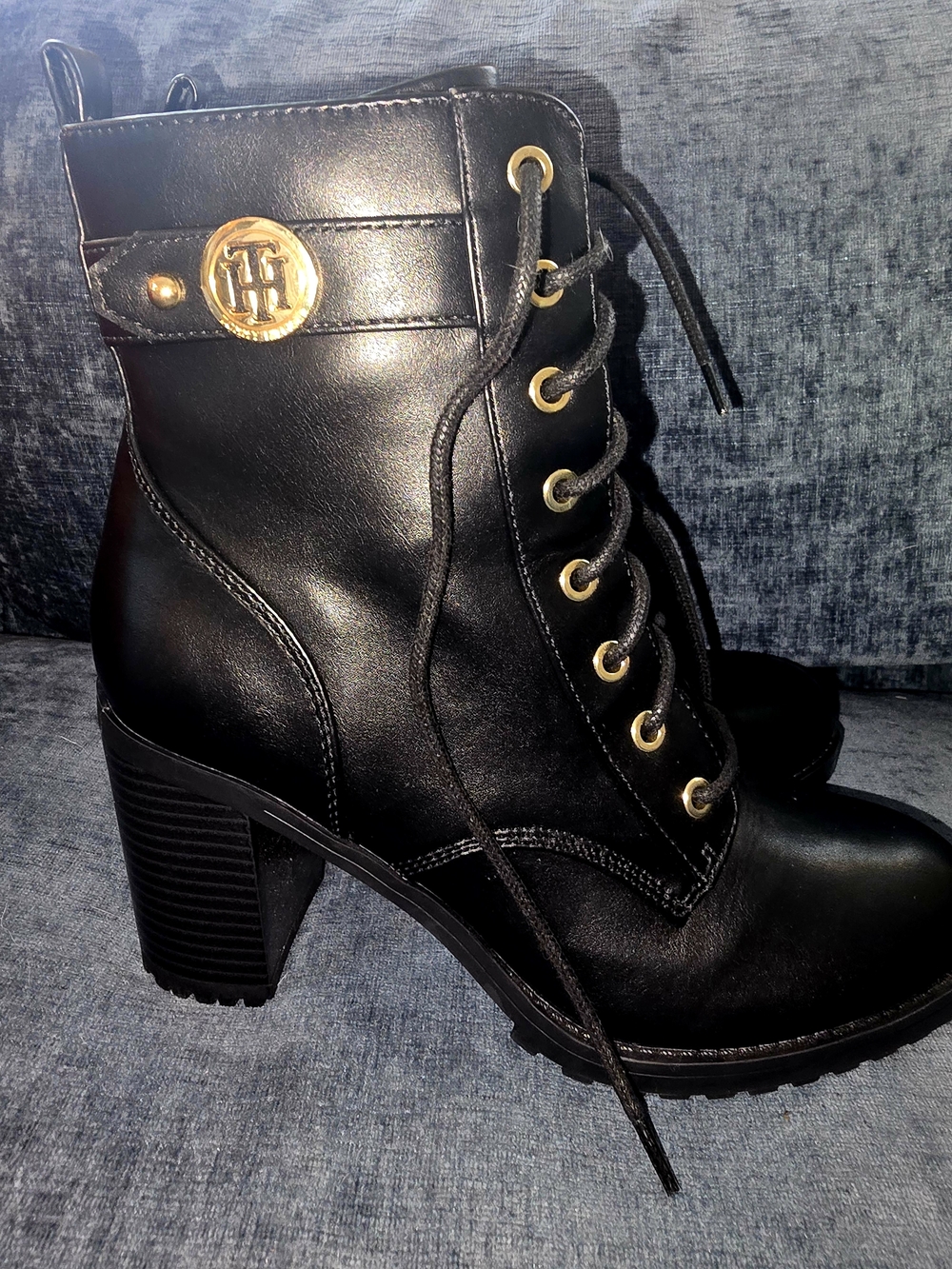 Tommy Hilfiger Black Lace-Up Heeled Combat Boots with Gold Accents - Picture 1 of 3